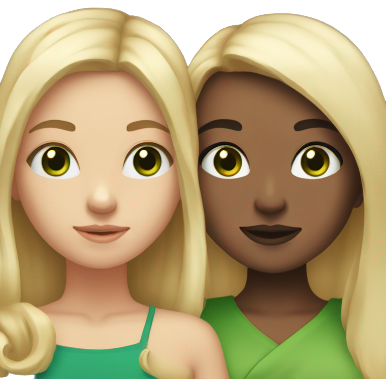 Two girl besties, one with blonde hair and green eyes and the other girl with dark brown middle legnth hair and brown eyes