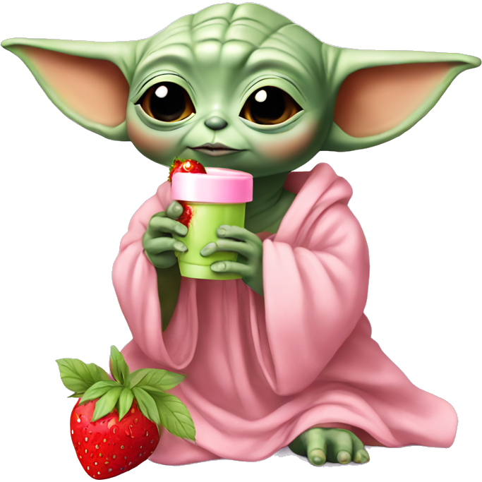 Baby yoda wearing a pink nightgown, applying skincare and drinking a strawberry matcha