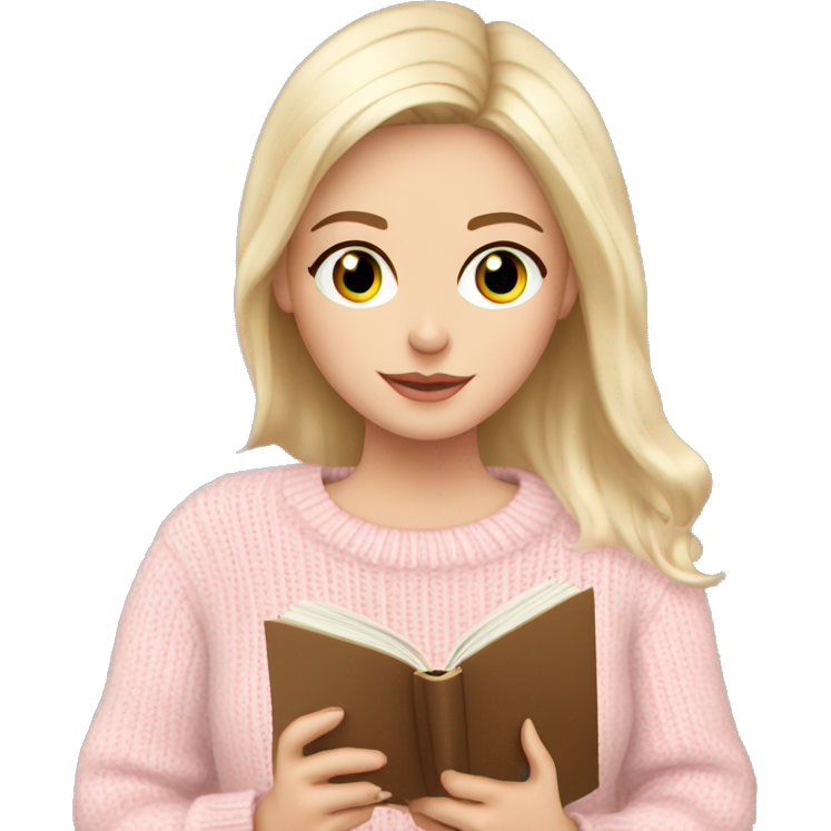 Pretty blue eyed white girl with light pink sweater reading cozy