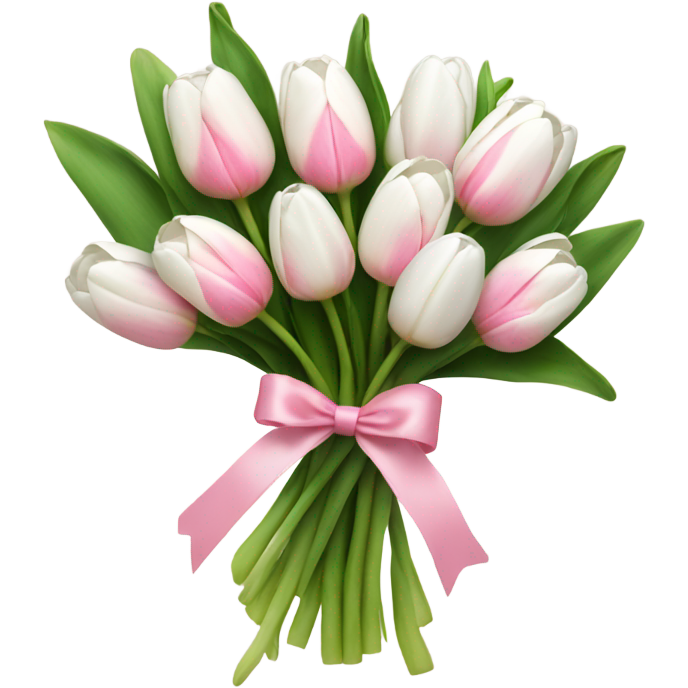Bouquet of white tulips and some pink tulips with a bow around it