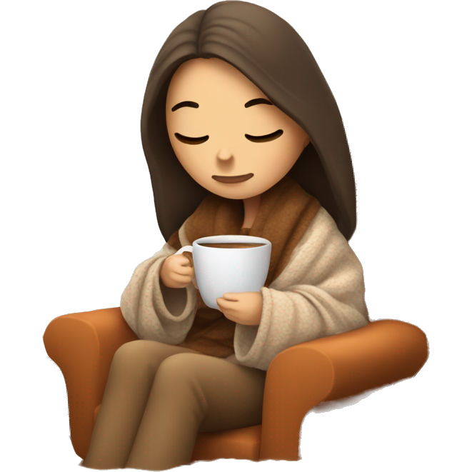Brunette white girl covered in blanket autumn vibe sitting on a cozy chair holding coffee eyes closed