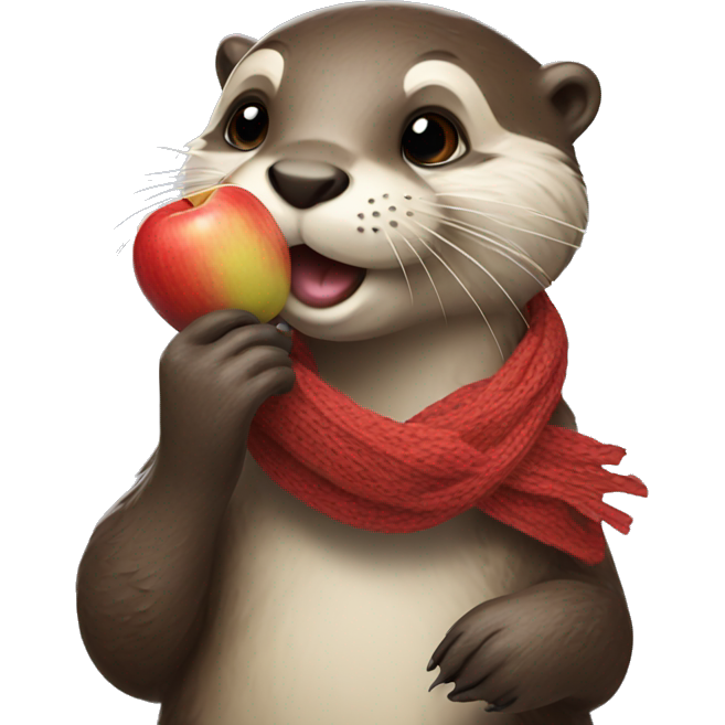 Otter wearing a scarf eating an apple