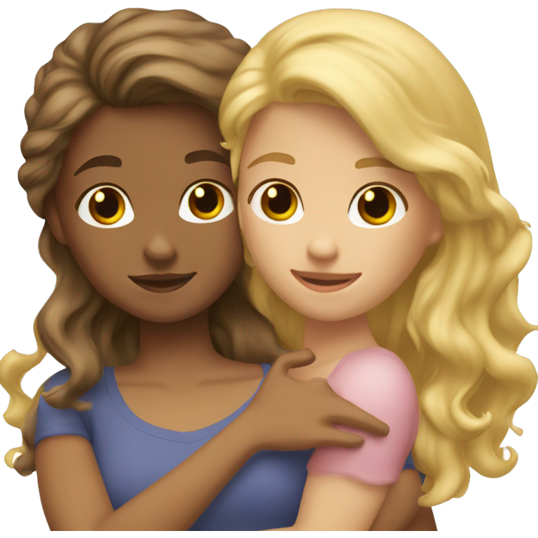 One girl withe brown wavy hair hugging another girl with blonde hair