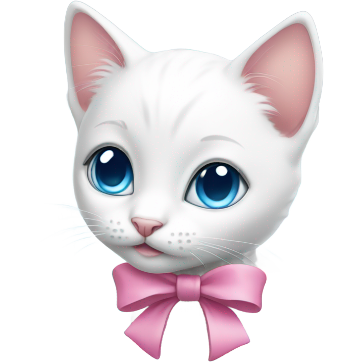 A white kitten with blue eyes and a pink bow around its neck