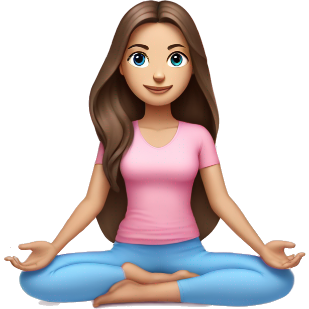 Brunette long hair and blue blue eyes yoga beautiful girl in light pink pink pink clothes sitting on a yoga mat