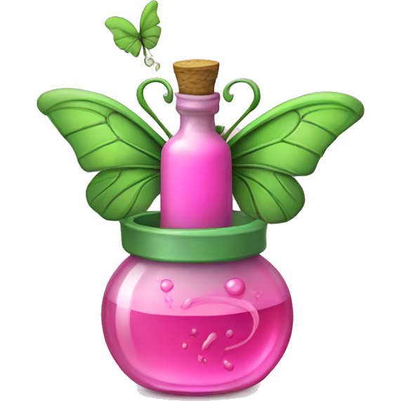 Pink potion with green vines wrapped around it with a pink butterfly sitting on top