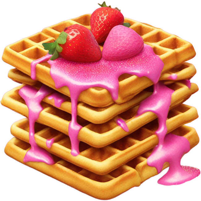Waffles with hot pink syrup and roses and strawberries with glitter