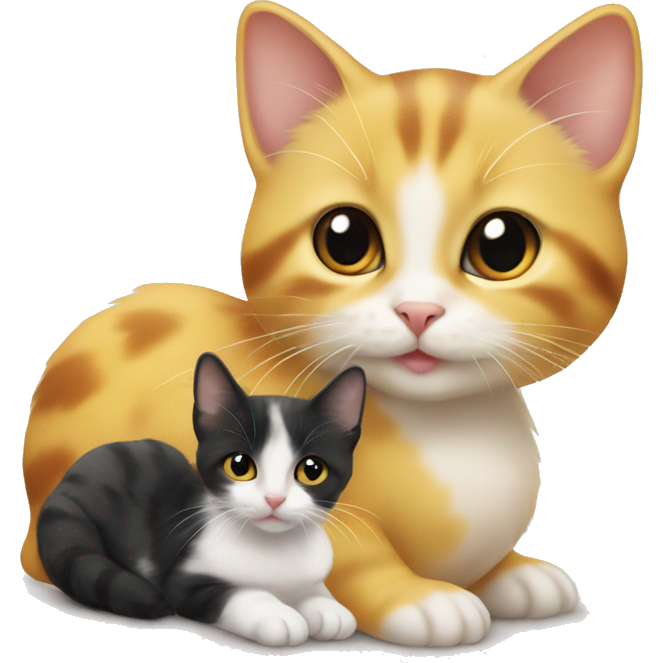 Duckling on a small cat, the cat has a calico color