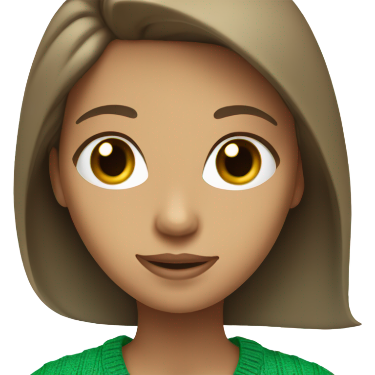 Tan girl with brunette hair blue eyes and a green sweater on