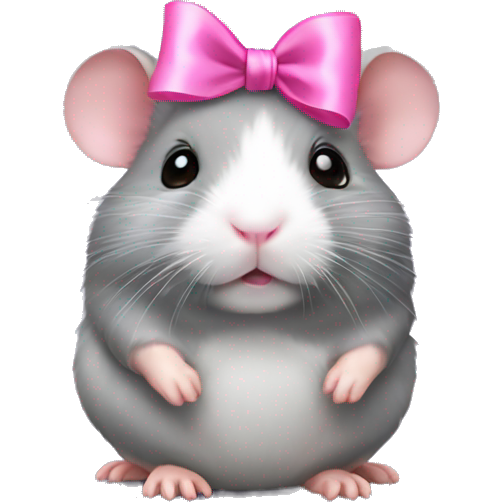 A full body grey hamster with a pink bow
