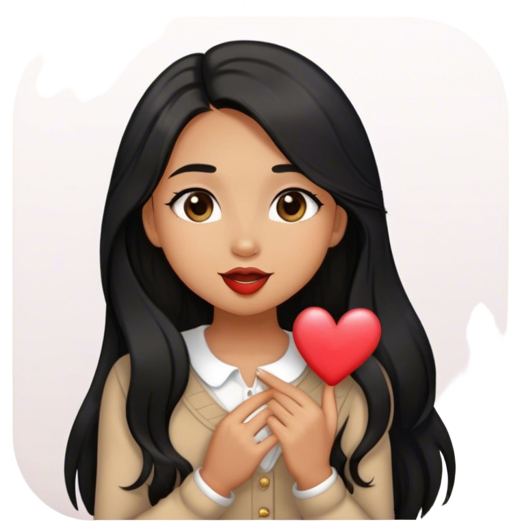 Tan girl with black long hair classy kisses smiles and cute outfit