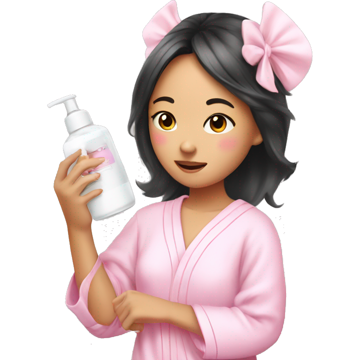 Angelic asian girl doing skin care in pink pajamas