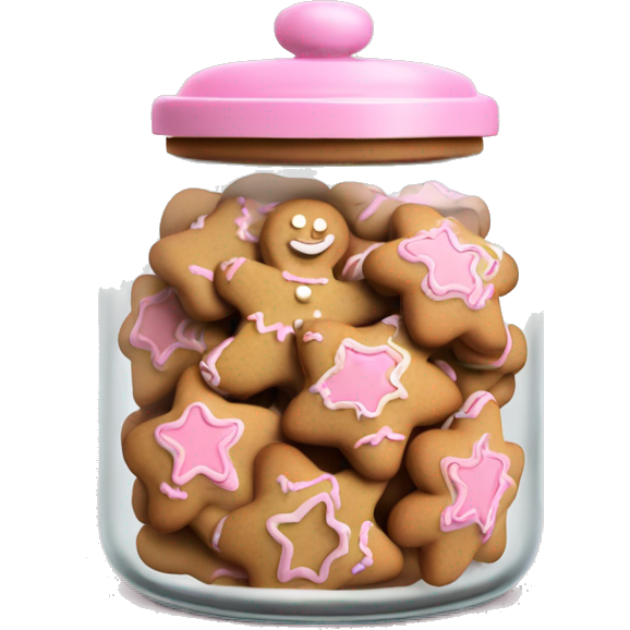 Realistic glass cookie jar with light pink lid full of gingerbread cookies isolated.