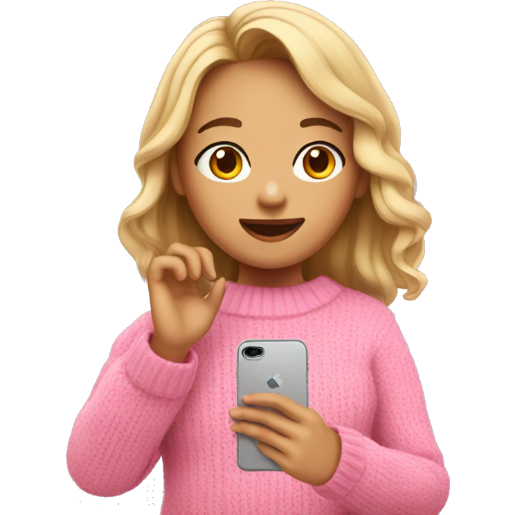 A girl in a pink sweater takes a selfie on her phone