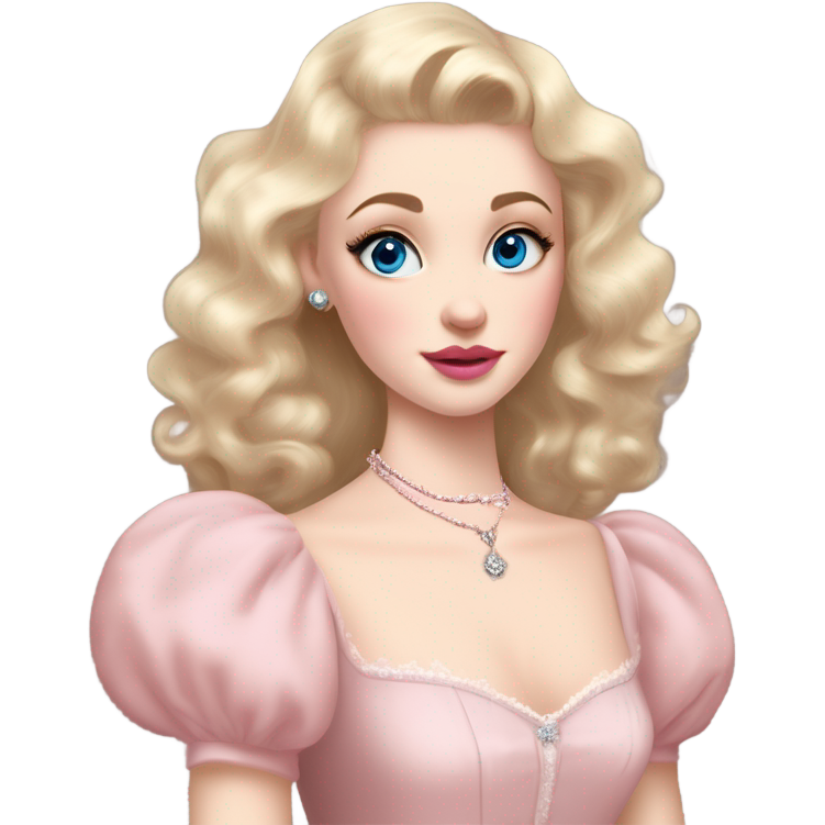 Girl blonde hair pale skin blue eyes. Pink lips blush Smokey eye (but not too much). Vintage blowout with long hair not too curly. light pink princess dress, puffed sleeves, dainty choker necklace (think Versailles but not too much). Striking beauty