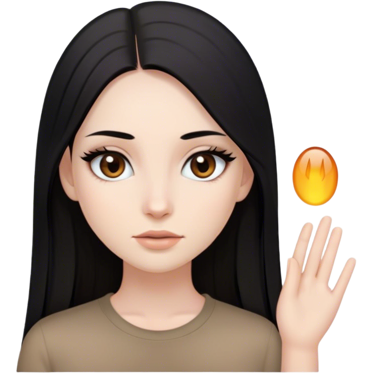 Girl with long straight black hair, brown eyes, pale skin, make up, long lashes, oval face and brown shirt