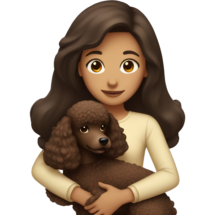 Girl with straight dark brown hair hugs a brown poodle