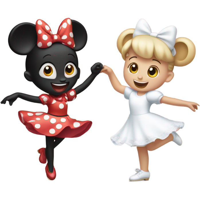 Minnie Mouse with white skin dancing with little girl with white skin and light brown hair dancing