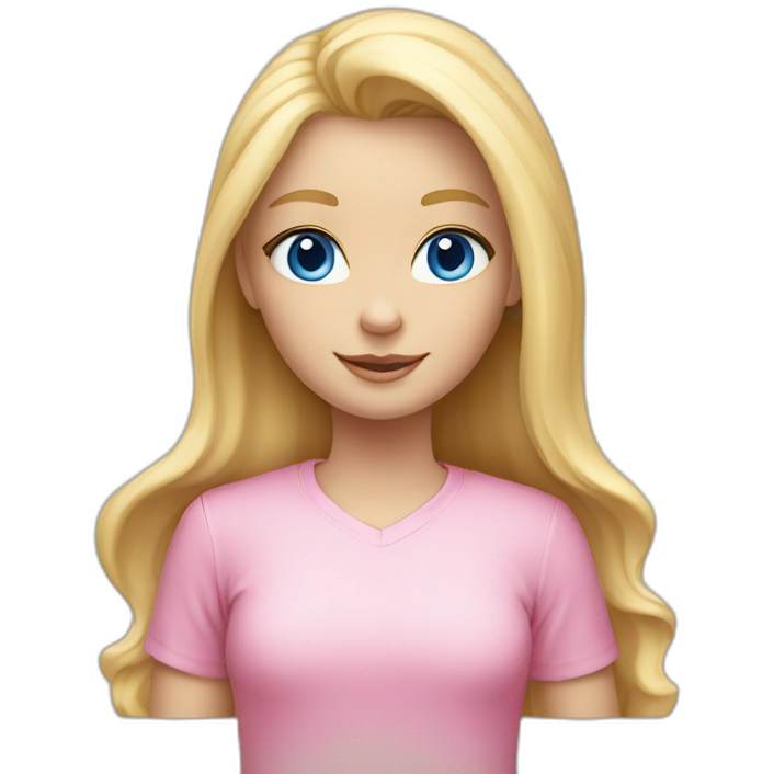 Blond girl with blue eyes and a pink shirt, straight haie