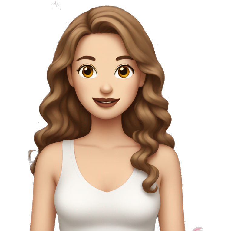 White girl with brown wavy hair holding pink peonies