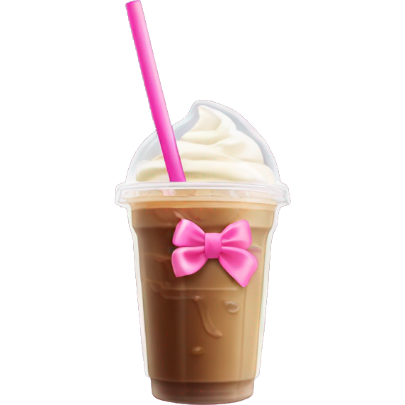 A iced coffee in a plastic up with cream blended in and a pink bow cover on the clear straw