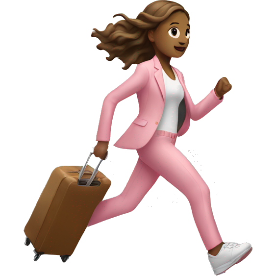 Girl running with light pink suit case