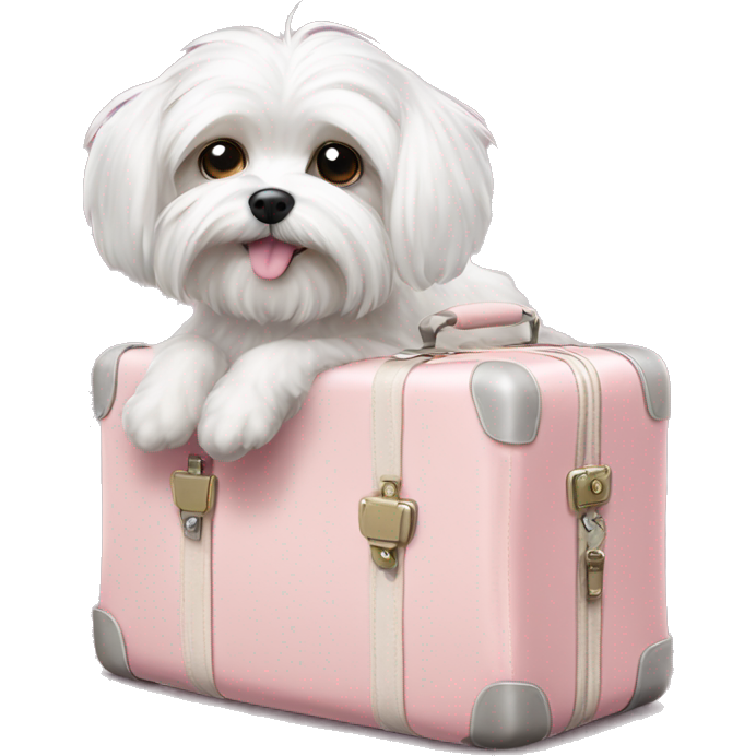Maltese dog in a light pink bag standing on a suit case