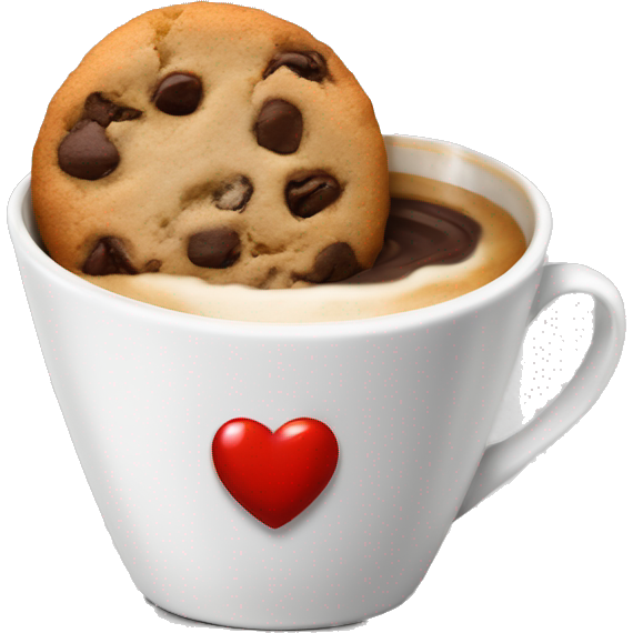 A cup of coffe in a white cup with a bright red kiss mark on it with a half eaten chocolate chip cookie