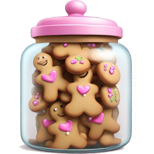 Realistic glass cookie jar with light pink lid full of gingerbread cookies isolated.