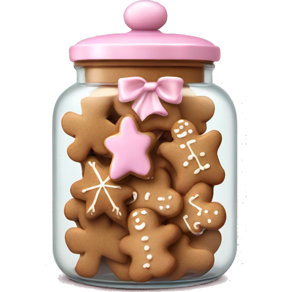 Realistic glass cookie jar with light pink lid full of gingerbread cookies isolated.