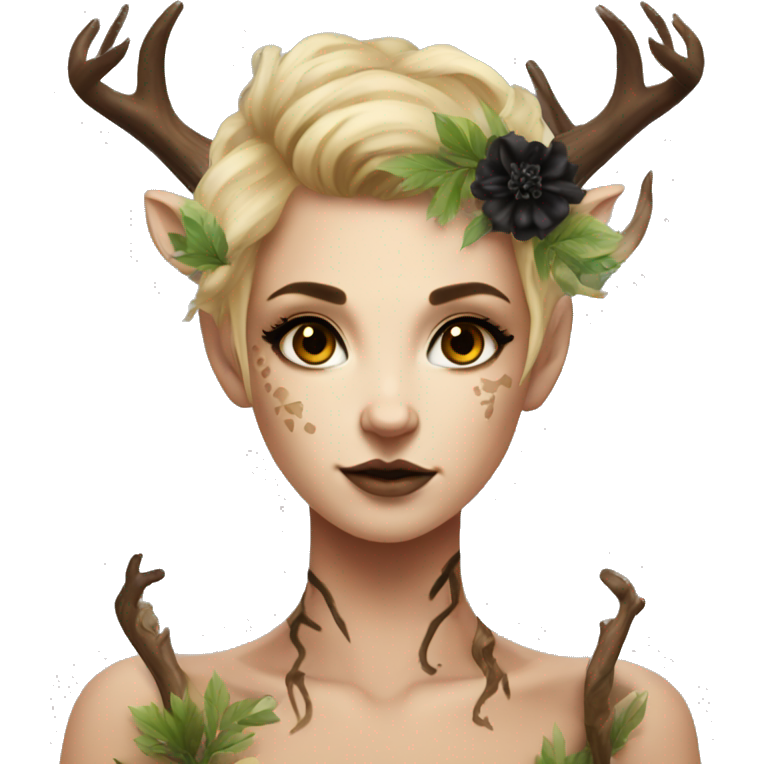 Forest Faun with deer horns and black flower tattoos, female, beautiful, desirable, blonde