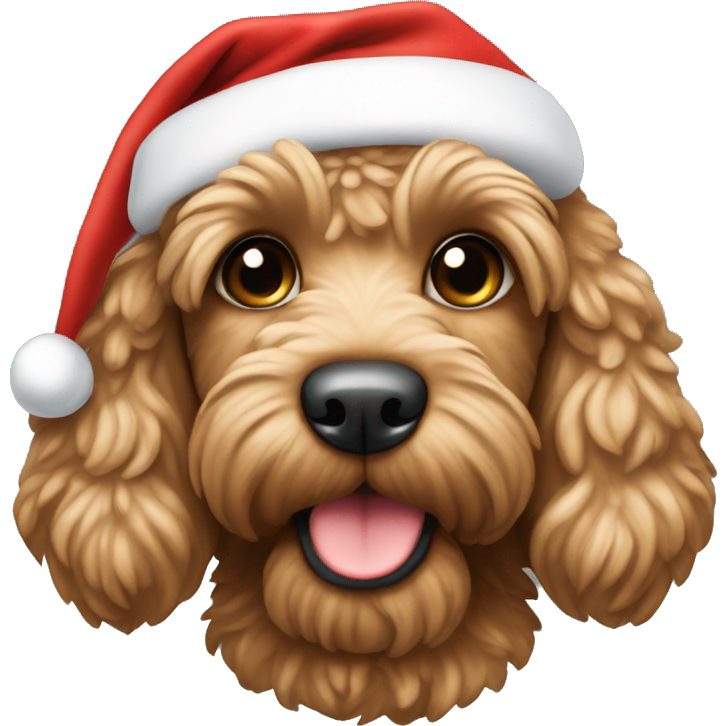 Light brown cockapoo wearing a santa hat