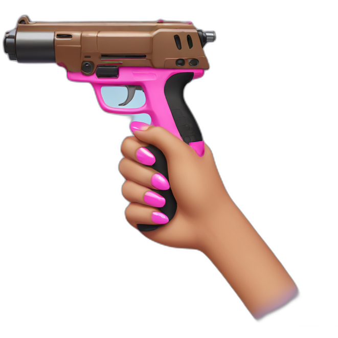 Brown hand with pink nails holding large scary dark nerf gun