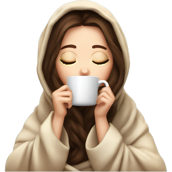 White girl brunette inside a blanket sipping coffee eyes closed