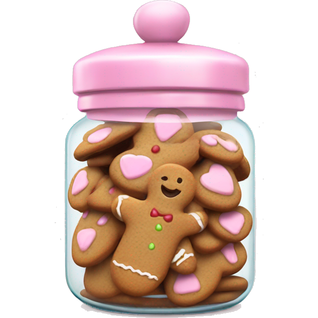 Realistic glass cookie jar with light pink lid full of gingerbread cookies isolated.