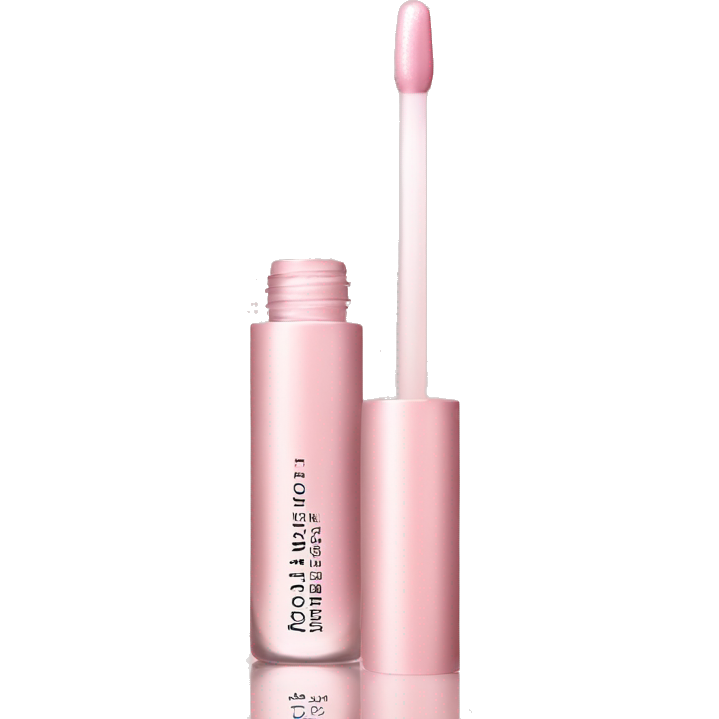 , pastel pink lip oil bottle with a subtle shimmer, giving off a luxurious and hydrating vibe. The bottle is slightly translucent with a soft pink hue