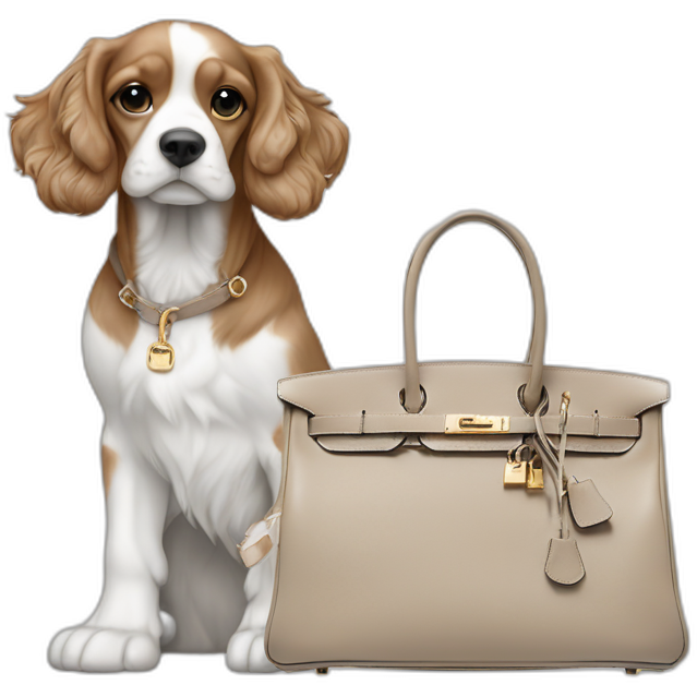 American cocker beige and white next to a grey hermes birkin bag