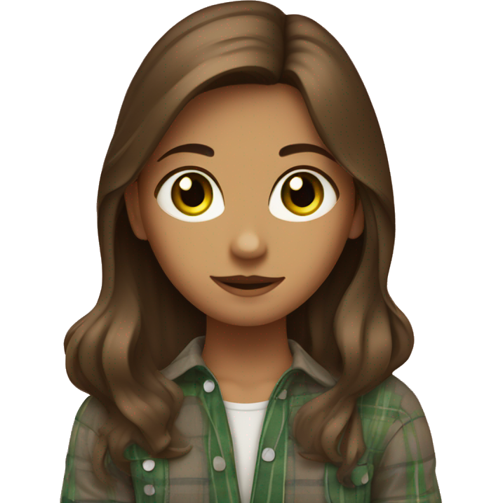 A girl with green eyes and loose brown hair is covered with a plaid