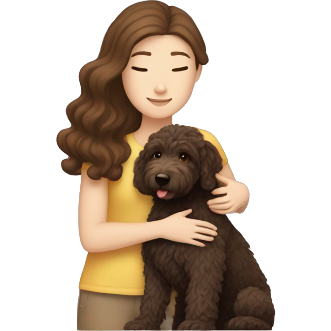 White girl with brown hair hugging her dark brown Australian labradoodle
