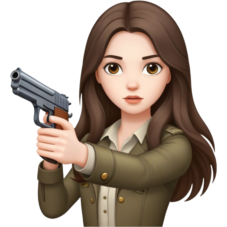 Beautiful pale brunette girl with long hair with gun