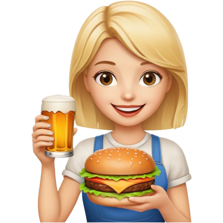 Happy blonde girl with burger and beer
