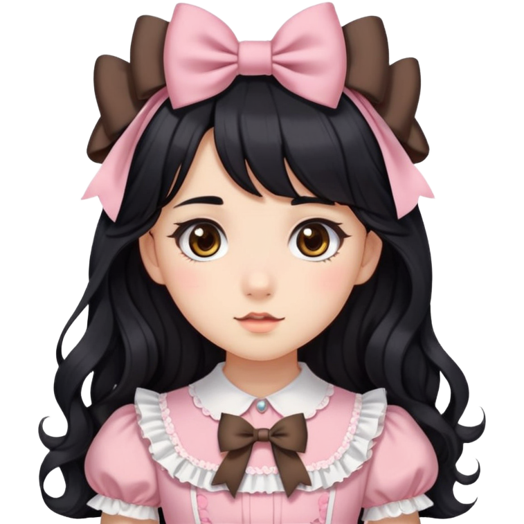 A girl, long wavy black hair with side bangs. Brown eyes. Wearing two bows on her hair. Wearing a cute lolita dress