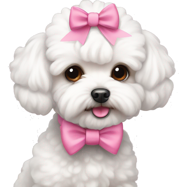 Cute white maltipoo with pink bows on her ears