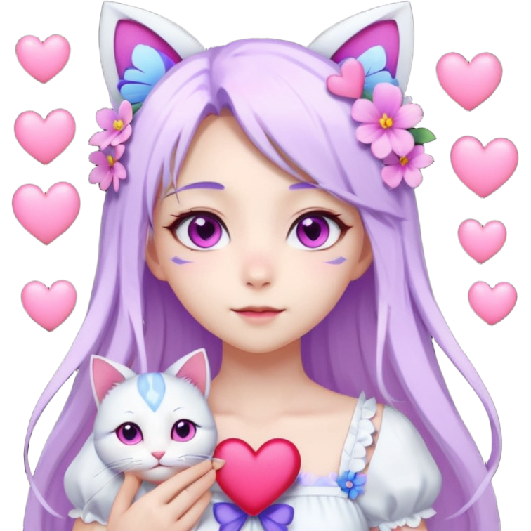 Female anime character with pink eyes long white hair periwinkle highlights and cat ears on her head. She is wearing a white dress with purple flowers and butterfly. holding a heart