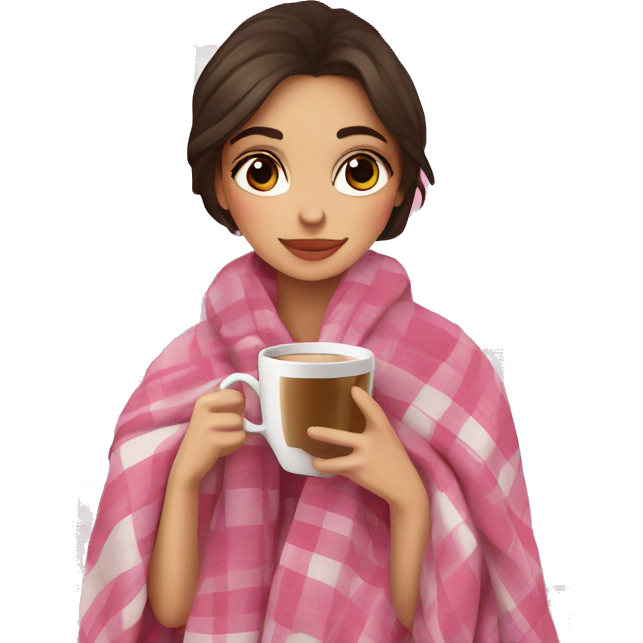Cute brunette girl wrapped in pink plaid blanket drinking coffee