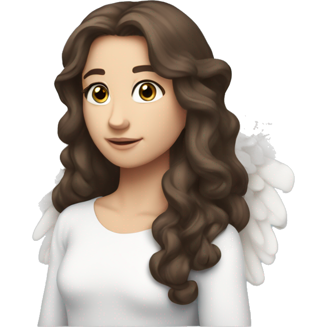 Caucasian brunette angel with long hair, dimples, big blue eyes, halo and wings