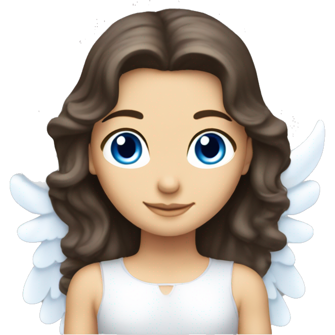 Caucasian brunette angel with long hair, dimples, big blue eyes, halo and wings