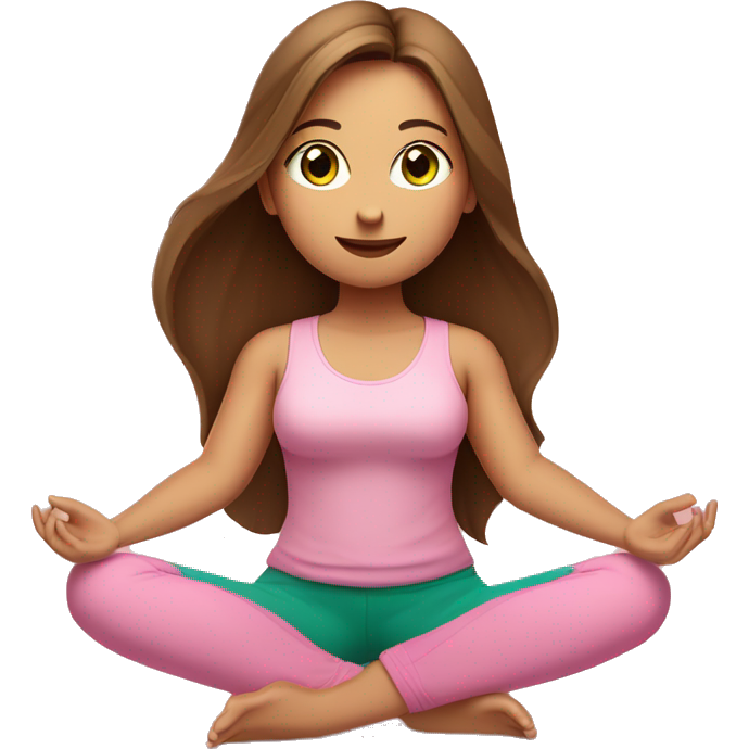 A girl with brown long hair, fair skin and green eyes is meditating in a relaxed lotus position in a comfortable pink top and pink leggings