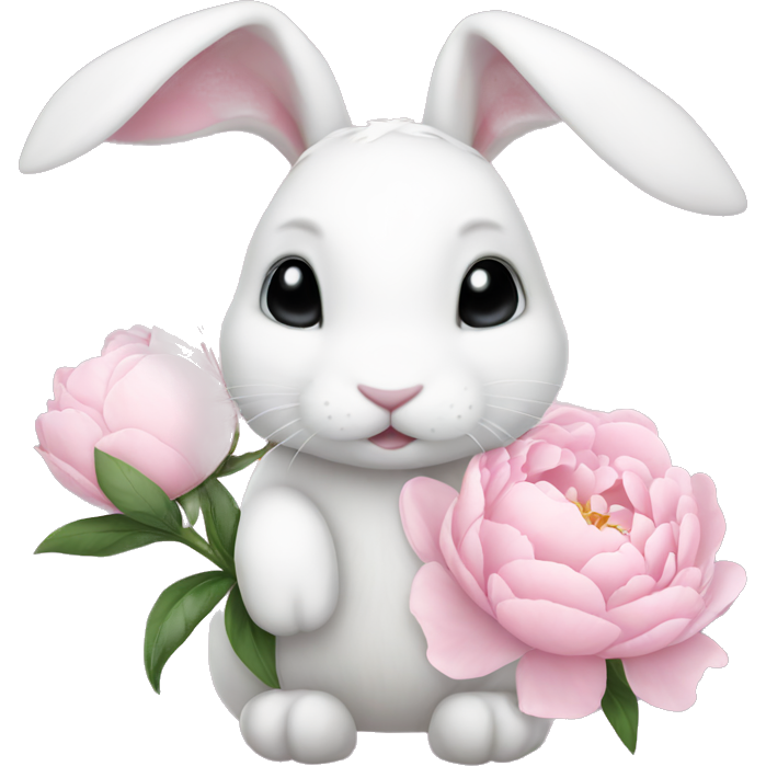 Cute white bunny holding light pink peonies