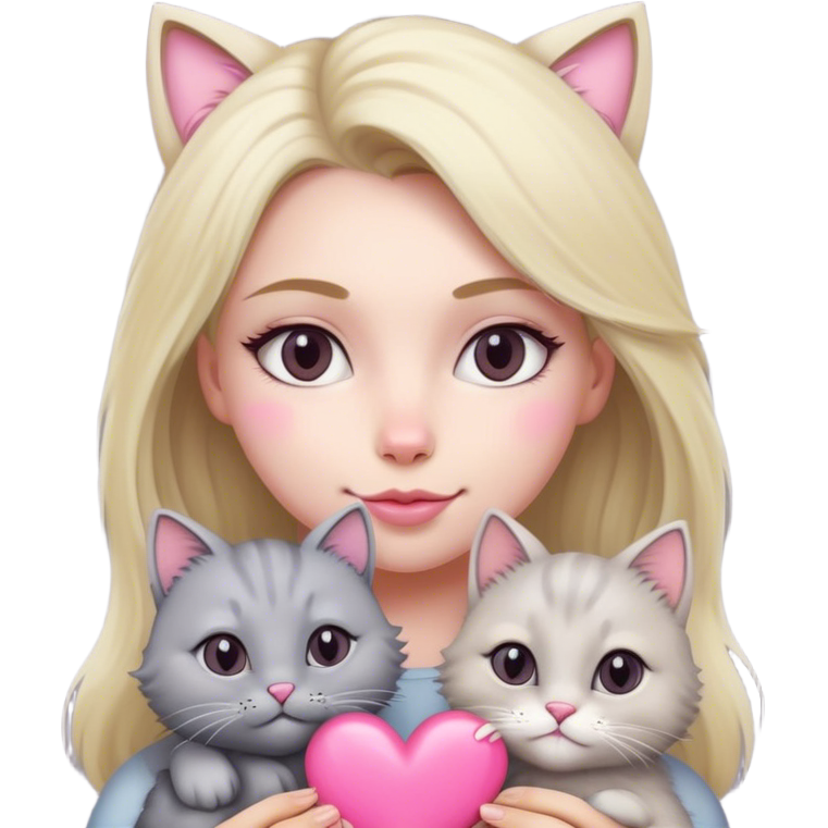 Blonde woman and fluffy grey cat with a pink heart